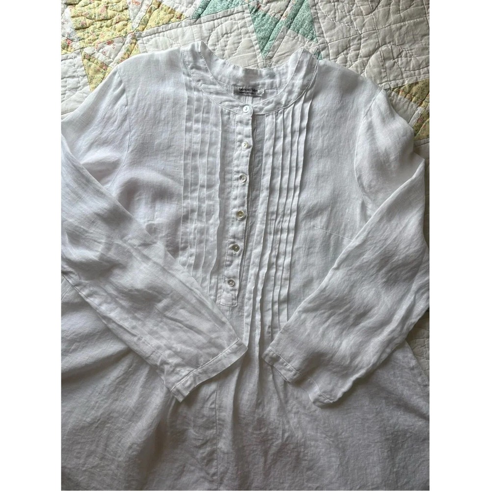 White 100% Linen Tunic Blouse Top Small Banana Blue Baggy Pintuck Button-Front